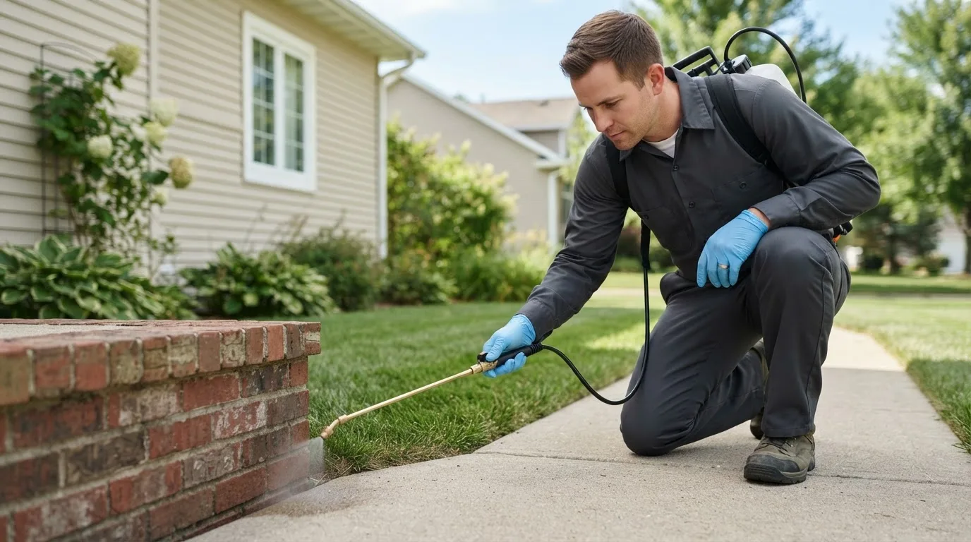Pest control technician treating a home near Plainview, NY